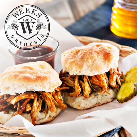 Buttermilk Biscuits & Pulled Honey BBQ Chicken with Weeks Wildflower Honey!