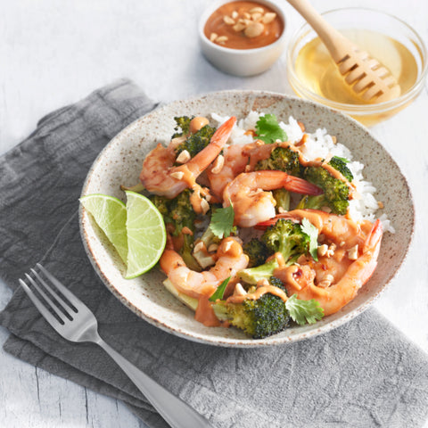 Honey Garlic Shrimp and Broccoli with Asian Peanut Sauce