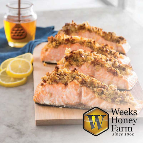 Glazed honey Pecan Salmon has our mouth drooling...