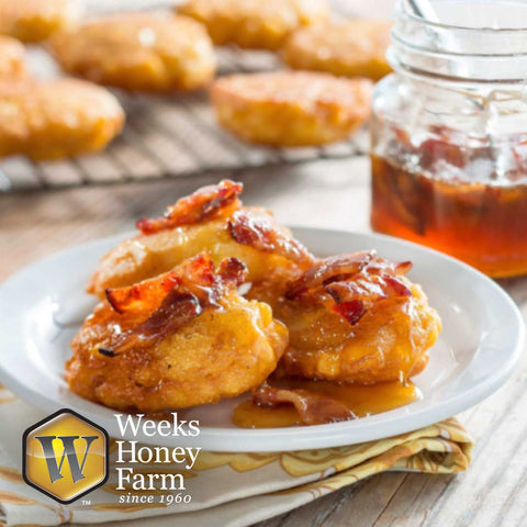 Double Corn and Honey Fritters with Honey-Bacon Drizzle